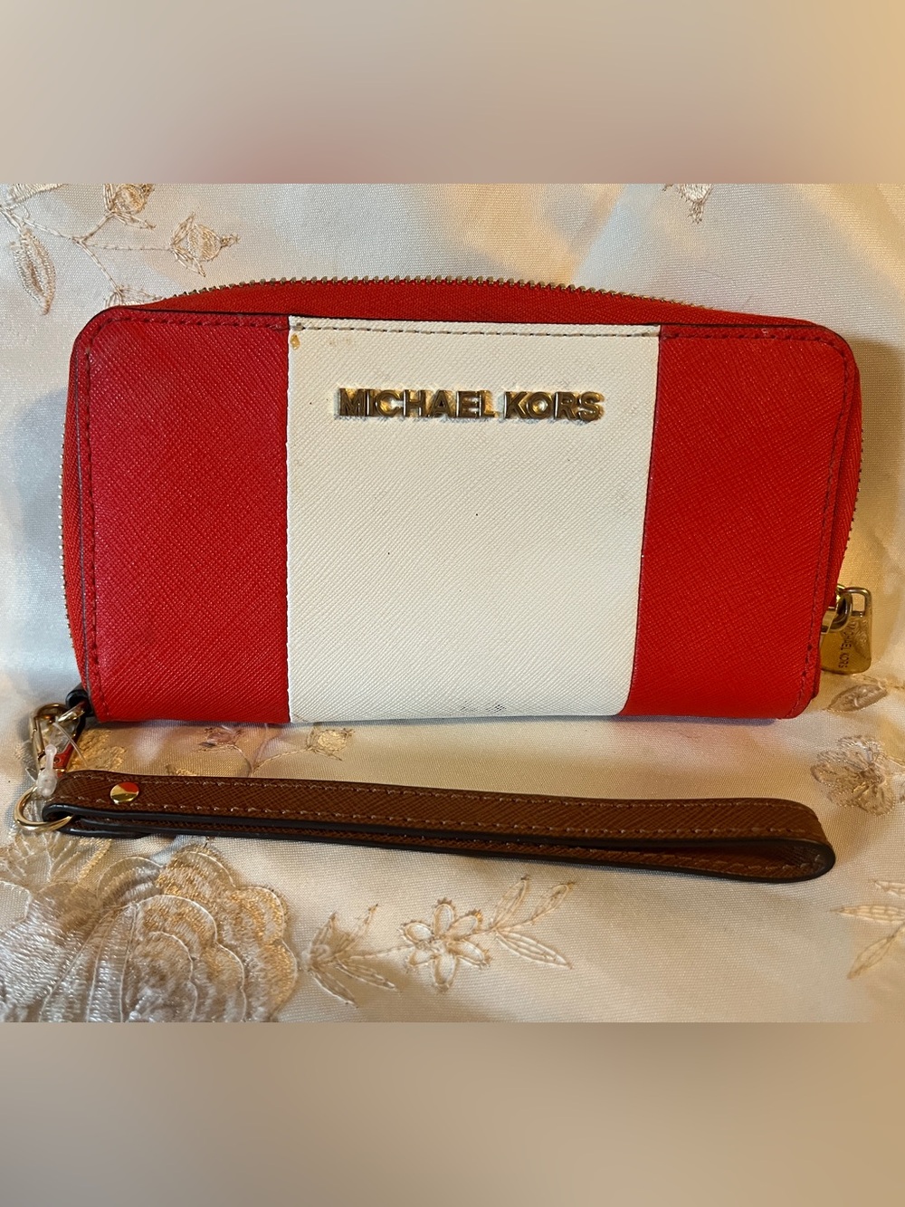 Michael Kors Red and White Saffiano Zip Wristlet with Gold Logo